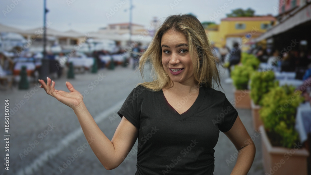 Fototapeta premium Young blonde woman points finger and raises open hand on a cobblestone street market while smiling and engaging with camera; friendly welcome.