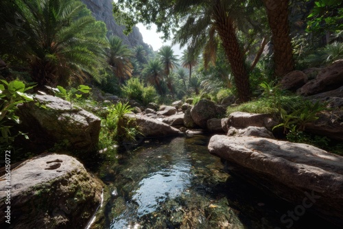 A serene, crystal-clear river flowing through a lush, verdant oasis