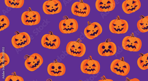 Seamless pattern of hand drawn halloween pumpkins with spooky faces on a dark purple background for festive autumn holiday decorations.