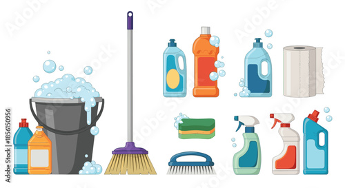 Comprehensive set of household cleaning supplies including a soapy bucket broom sponges and detergent bottles for home maintenance and hygiene.
