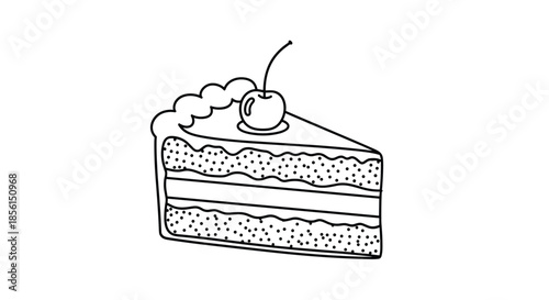 Simple line drawing of a layered cake slice with frosting and a cherry on top isolated on a white background for sweet food themed designs.