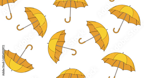 Seamless pattern of bright yellow open umbrellas floating in the air on a white background representing rainy season and protection from weather.
