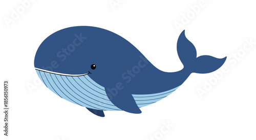 Friendly blue whale with a smiling face swimming through the water isolated on a white background for children and marine life educational content.