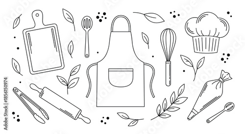 Collection of kitchen and baking tools including a rolling pin apron whisk and chef hat with decorative leaves in a minimalist black line art style.