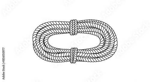 Detailed black and white drawing of a coiled rope bound in the middle isolated on a white background for nautical or industrial equipment themes.