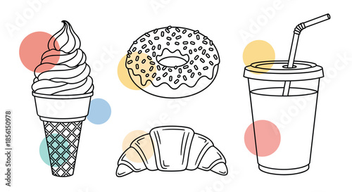 Set of hand drawn bakery and fast food items featuring ice cream cone donut croissant and a soda cup on a white background with color accents.