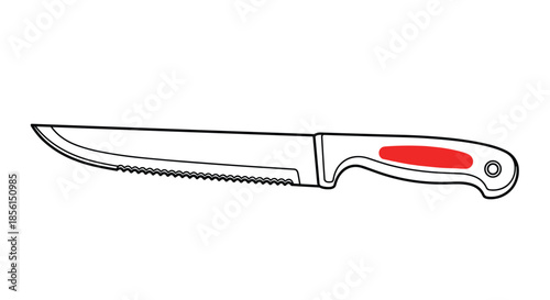 Long serrated kitchen knife with a white handle and a red decorative accent isolated on a white background for cooking and cutlery concepts.