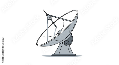 Gray satellite dish antenna on a pedestal for telecommunication and radio signal transmission isolated on a white background for technology concepts.