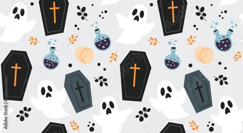 Playful halloween seamless pattern with cute white ghosts black coffins and purple potion bottles on a light gray background with decorative dots.