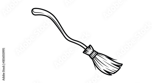 Simple line drawing of a traditional witch broomstick with a long handle and straw bristles isolated on a white background for halloween themes.