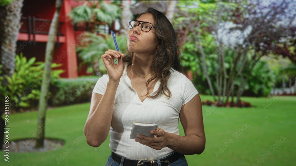 Fototapeta premium Woman wearing glasses holding pen to temple and reading a notepad in forest near a red building and palm trees; pensive concentration.