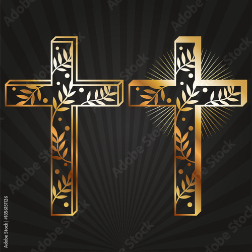Golden Christian cross with branches and radiance