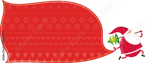 Happy Santa with a Christmas tree and a bag of gifts