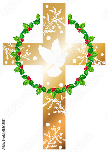 Gold Christian cross with a dove of peace and a wreath of Christmas holly