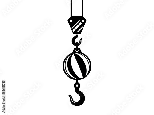A black and white outline drawing of a crane hook and pulley block icon vector graphic