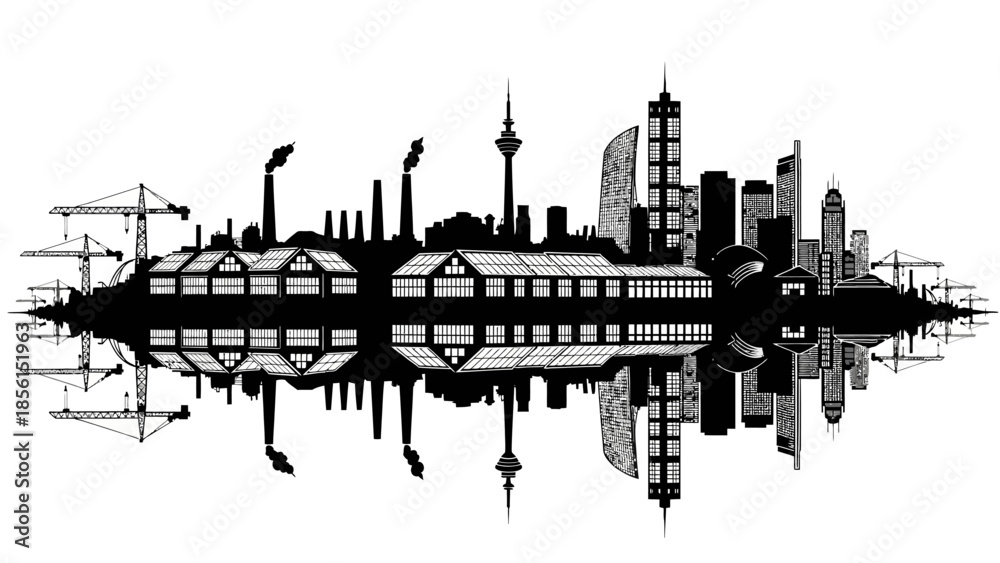 Obraz premium A black silhouette of a cityscape with skyscrapers and buildings reflected in water, set against a clean white background with a dramatic and urban mood.