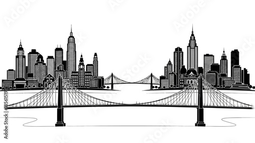 A black silhouette cityscape with a suspension bridge in the foreground against a white background.