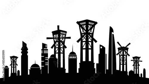 Black silhouette of a cityscape with various skyscrapers and industrial structures against a white background.
