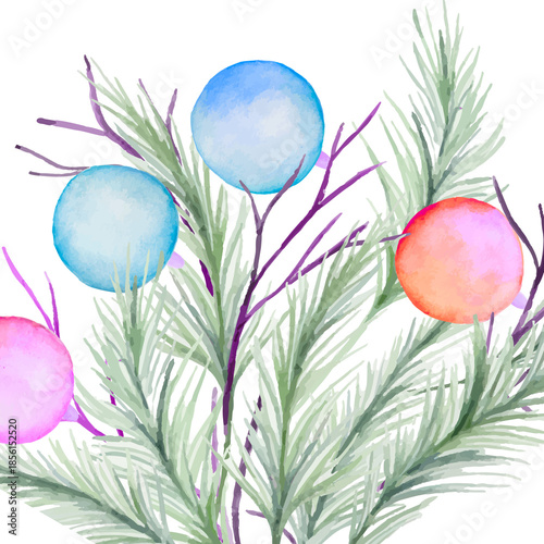 festive holiday christmas watercolor illustration of pine branches with colorful baubles and purple twigs on white background festive holiday christmas watercolor illustration of pine branches