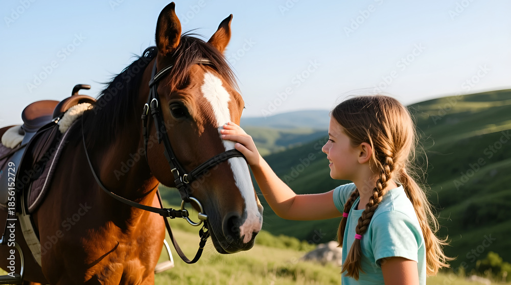Fototapeta premium Girl petting horse after a ride, joyful connection with nature