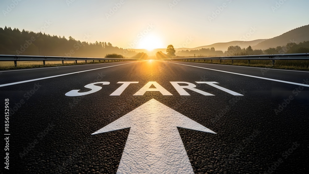 Fototapeta premium New year 2026 or start straight concept. Word start written on the asphalt road.