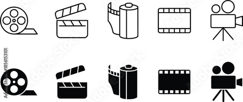 Camera Reel and Clapperboard Set for Icon and Illustration in Black and White Vector Style Isolated on Transparent Background Customizable for Presentation