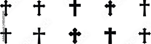 Collection of Christian Cross Symbols in Various Styles, Black Silhouette on Transparent Background, Ideal for Religious Design and Decoration
