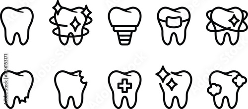 Dental service icon collection featuring implant braces cavity treatment cleaning and tooth protection symbols for stomatology clinic website and medical brochures thin line style vector graphics