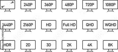 Display resolution types icons on transparent background illustrating 240p 360p 480p 720p 1080p 1440p 2160p hd full hd qhd wqhd hdr 2d 3d 2k 4k 8k