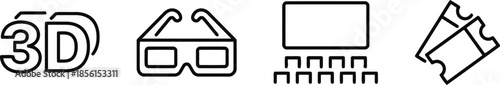 Outline icons of cinema entertainment like 3d glasses ticket screen and chair rows on transparent backdrop
