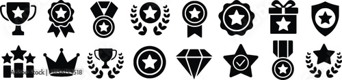 Award and achievement icon set featuring trophy cup medals stars and laurel wreaths for success recognition competition winners business rewards and game certification silhouette vector elements