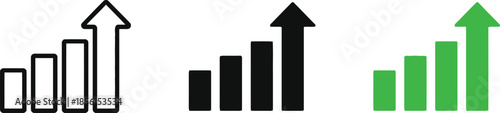 Bar chart icon set representing financial growth and business success showing increasing columns with arrow upward direction in outline solid and colorful flat design styles for infographics data