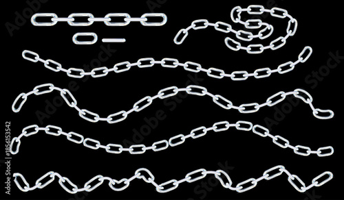 Collection of silver chain links on black background