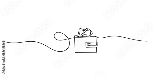 One continuous line on a white background, One continuous line drawing of money in the wallet vector. One continuous line. Wallet with banknotes. Money in a leather wallet. Flat minimal icon.