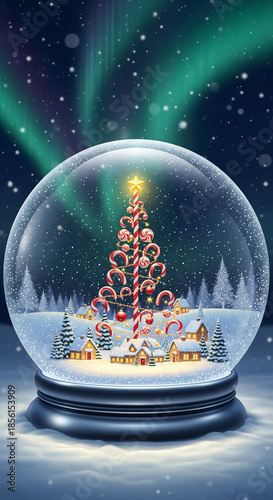 A Magical Christmas Snow Globe containing a decorated tree and village, with Northern Lights in the starry sky.