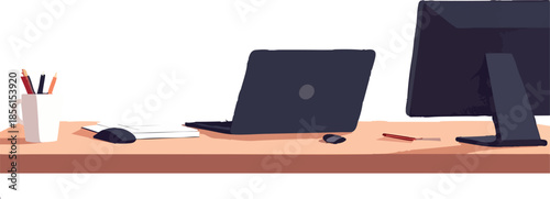 A minimal flat illustration shows a tidy office desk with a laptop, monitor, mouse, notebook, pencil, and a cup of pens arranged on a clean workspace.