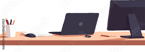 A minimal flat illustration shows a tidy office desk with a laptop, monitor, mouse, notebook, pencil, and a cup of pens arranged on a clean workspace.