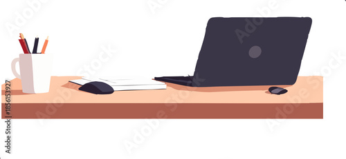 A clean flat illustration depicts a simple office desk with a laptop, mouse, papers, and a pencil cup arranged neatly on a wooden surface against