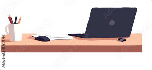 A clean flat illustration depicts a simple office desk with a laptop, mouse, papers, and a pencil cup arranged neatly on a wooden surface against
