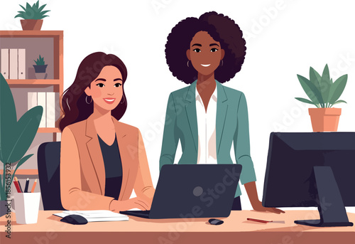 A flat-style illustration shows a smiling professional woman working on a laptop at a tidy office desk with plants, stationery, and a computer monitor in a modern workspace.