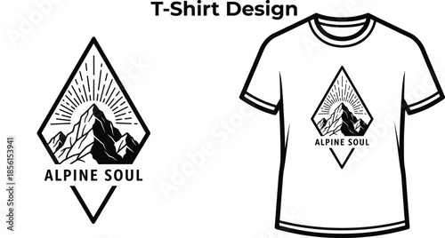 T-shirt design of Alpine soul typography with mountain diamond for outdoor logo, nature hiking adventure badge, travel camping emblem and isolated on transparent landscape graphic illustration