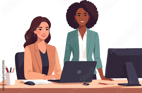 A clean flat illustration shows two professional women collaborating at a desk, working together on laptops in a modern office setting.