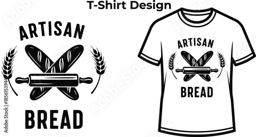 T-shirt design of Artisan bread typography with crossed rolling pins for bakery logo, fresh food pastry badge, cooking kitchen emblem and isolated on transparent culinary graphic illustration