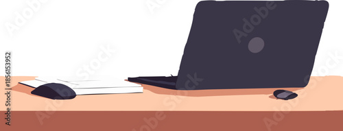 A minimal flat illustration shows a close-up office desk scene with a laptop, mouse, and stacked papers on a clean wooden surface against