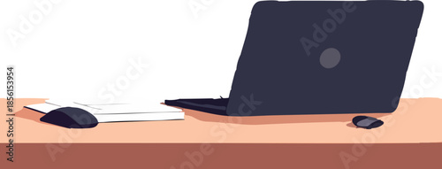 A minimal flat illustration shows a close-up office desk scene with a laptop, mouse, and stacked papers on a clean wooden surface against