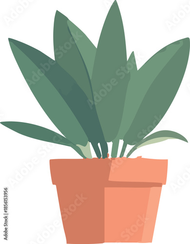 A simple flat illustration depicts a leafy green houseplant growing from a terracotta pot against
