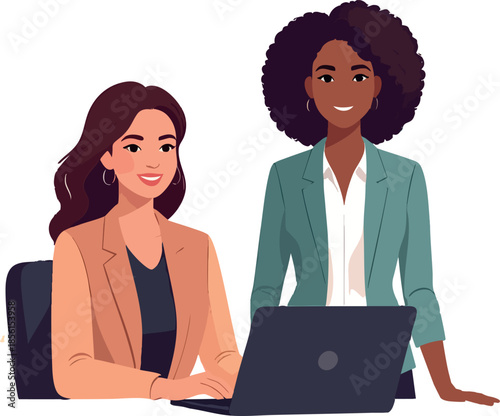 A flat-style illustration depicts two professional women collaborating at a laptop, smiling and working together in a modern office setting.