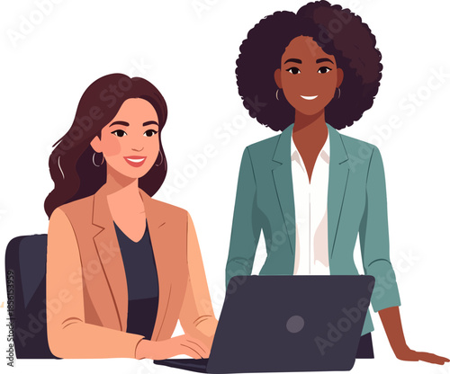 A flat-style illustration depicts two professional women collaborating at a laptop, smiling and working together in a modern office setting.