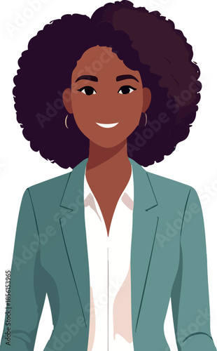 A flat-style illustration depicts a confident, smiling professional woman with natural curly hair wearing a blazer and blouse, shown in a clean portrait view against