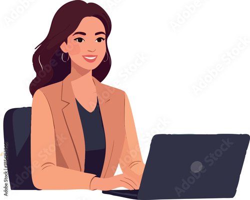 A flat-style illustration shows a smiling professional woman working on a laptop, seated at a desk in a modern, minimalist office environment.